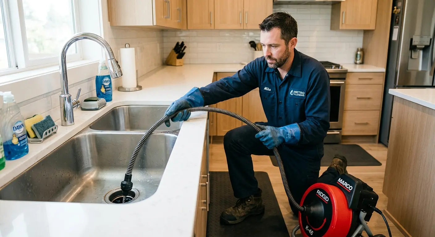Drain cleaning technician using a motorized snake on a kitchen sink in Mount Pleasant