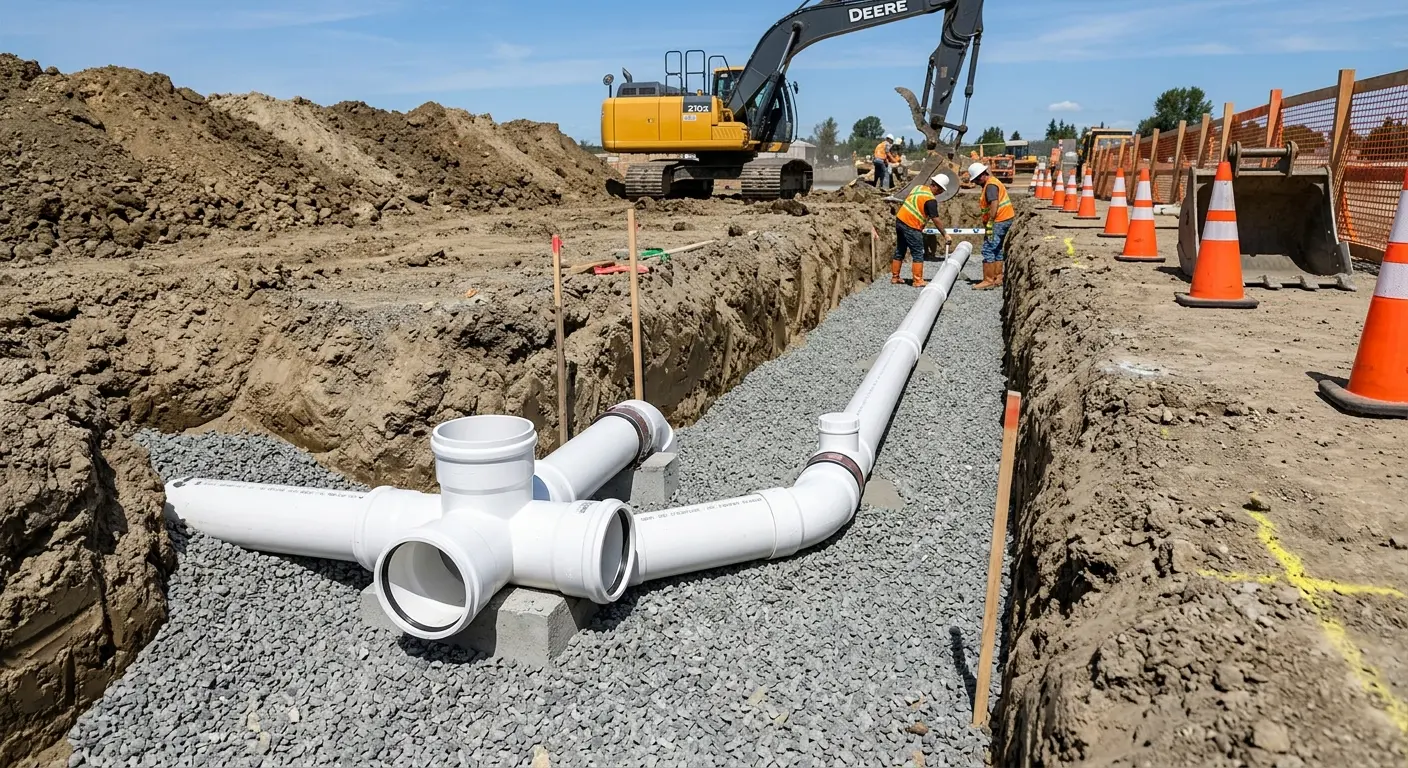 New PVC sewer pipe installation in open trench for Sewer Backup in Mount Pleasant